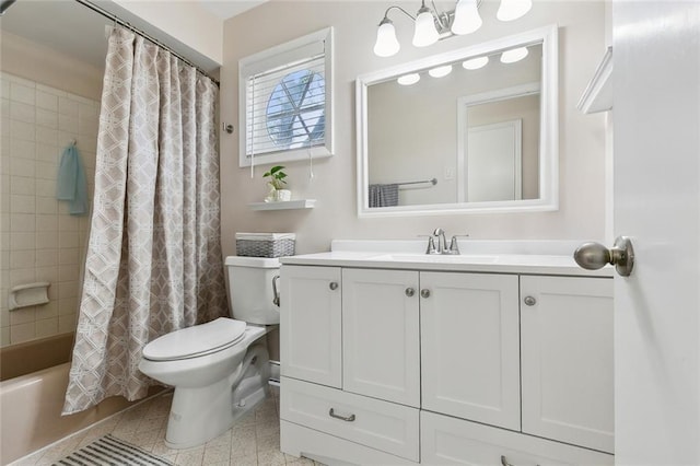 full bath with shower / bath combo with shower curtain, toilet, and vanity