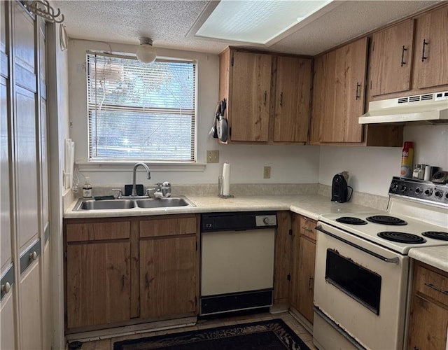 kitchen with electric range, a sink, light countertops, under cabinet range hood, and dishwasher