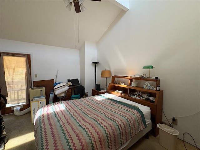 carpeted bedroom featuring high vaulted ceiling and a ceiling fan