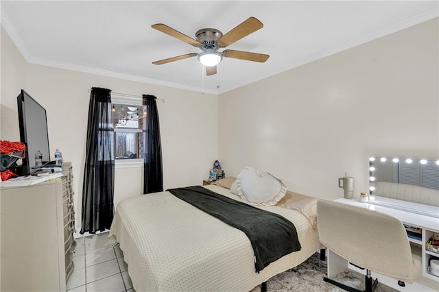 bedroom with light tile patterned floors, a ceiling fan, and ornamental molding