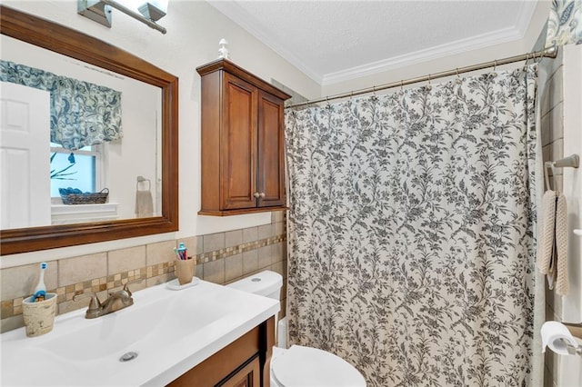 full bathroom with vanity, a textured ceiling, crown molding, toilet, and tasteful backsplash