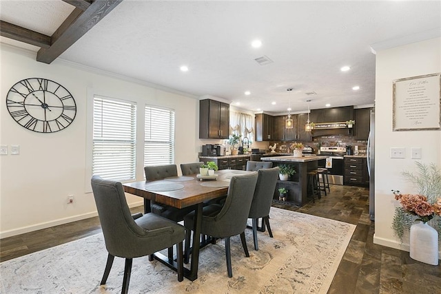 20228 Stafford Rd, Kentwood, LA 70444 - dining room with recessed lighting, baseboards, visible vents, and ornamental molding