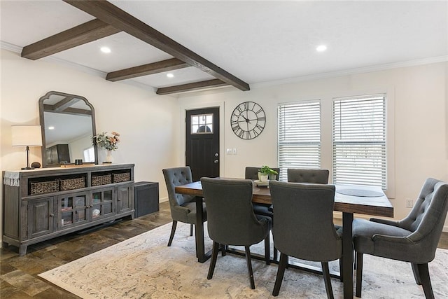 dining space featuring beam ceiling, recessed lighting, stone finish floor, and ornamental molding