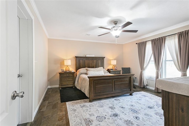 bedroom with visible vents, ornamental molding, stone finish floor, baseboards, and ceiling fan