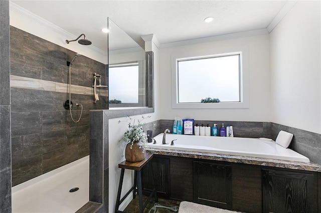 20228 Stafford Rd, Kentwood, LA 70444 - bathroom with a walk in shower, ornamental molding, and a bath