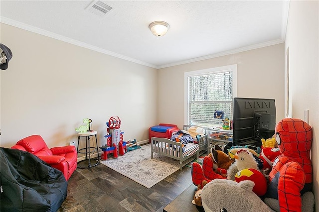 bedroom with visible vents, baseboards, and crown molding