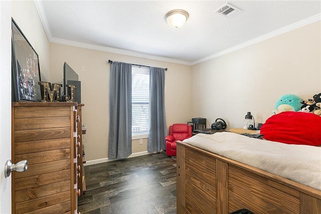 20228 Stafford Rd, Kentwood, LA 70444 - bedroom with crown molding, baseboards, visible vents, and dark wood-style floors