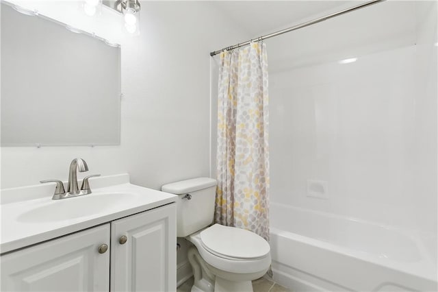 full bath featuring vanity, shower / tub combo, and toilet