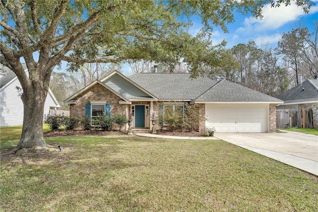 ranch-style house featuring brick siding, an attached garage, a front lawn, fence, and driveway