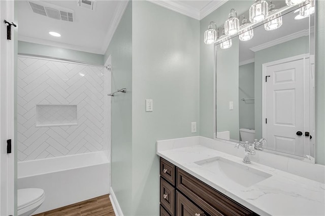 full bathroom with toilet, wood finished floors, visible vents, and ornamental molding