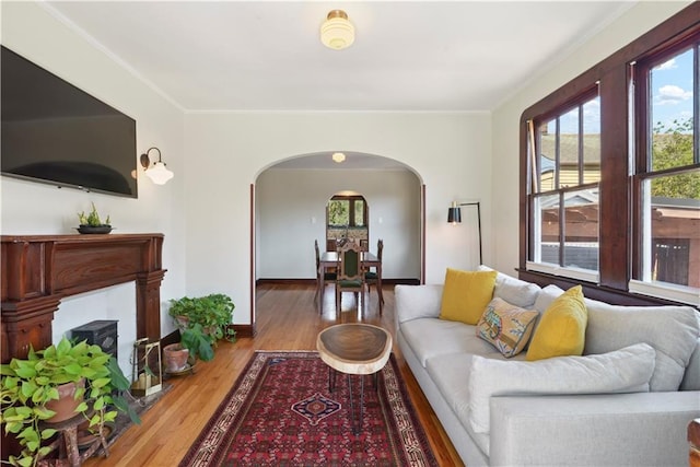 living room featuring crown molding, wood finished floors, arched walkways, and baseboards