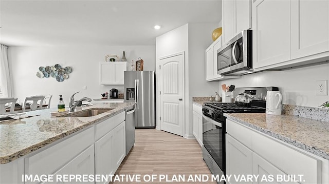 kitchen featuring light wood-style flooring, light stone counters, a sink, white cabinets, and appliances with stainless steel finishes