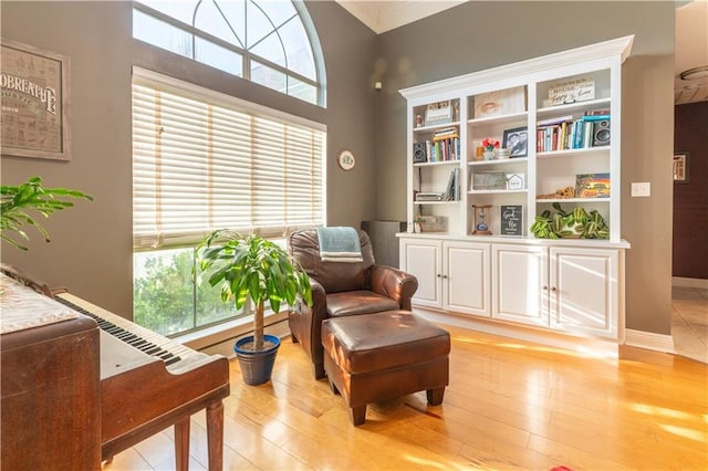 sitting room with light wood-type flooring, baseboards, and ornamental molding