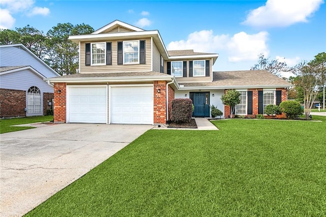 view of front of home with brick siding, an attached garage, concrete driveway, and a front yard