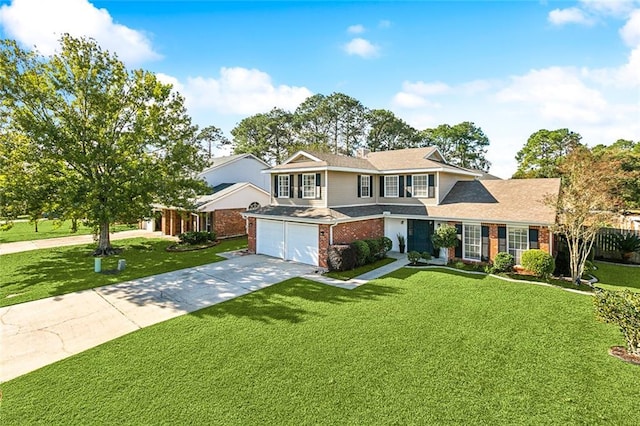 view of front of home with a front lawn, a garage, brick siding, and driveway