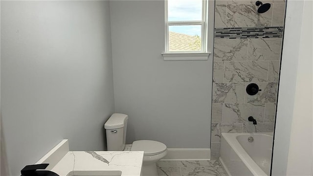 full bath with baseboards, toilet, marble finish floor, and shower / bathtub combination