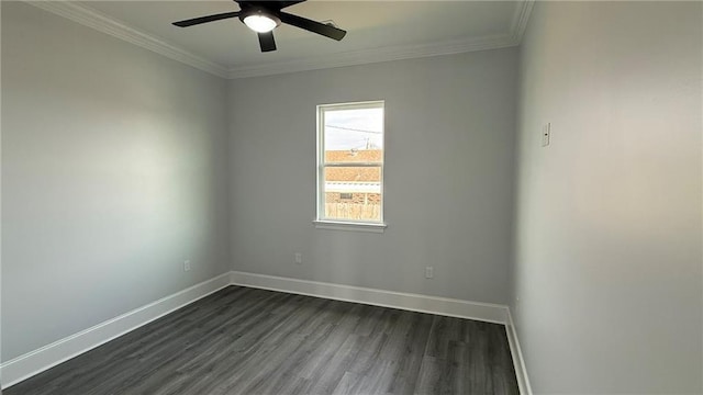 empty room featuring crown molding, a ceiling fan, dark wood-type flooring, and baseboards