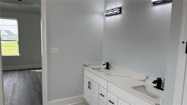 bathroom with wood finished floors, baseboards, and a sink