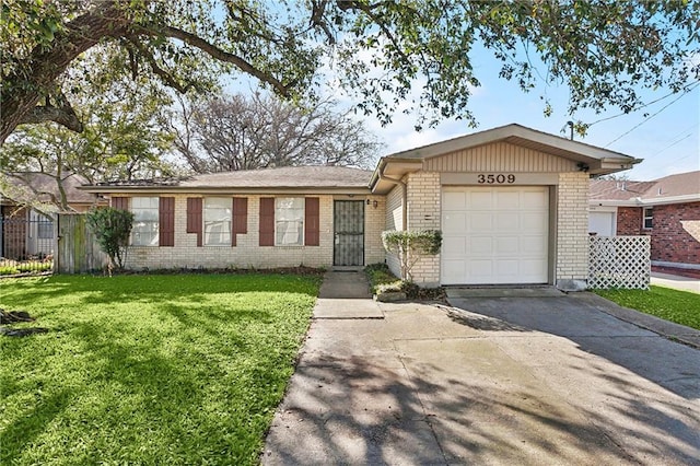 ranch-style house with brick siding, a front lawn, fence, concrete driveway, and an attached garage