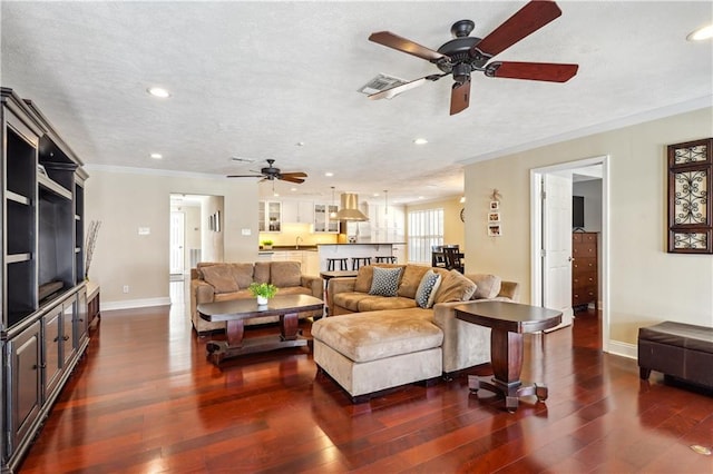 living area featuring a textured ceiling, dark wood-style floors, visible vents, and ornamental molding