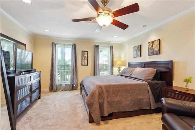 bedroom with a ceiling fan, baseboards, recessed lighting, ornamental molding, and light colored carpet