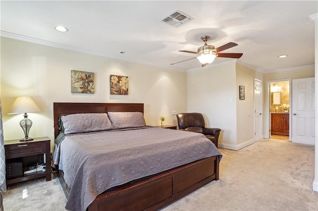 bedroom with ornamental molding, baseboards, visible vents, and light carpet