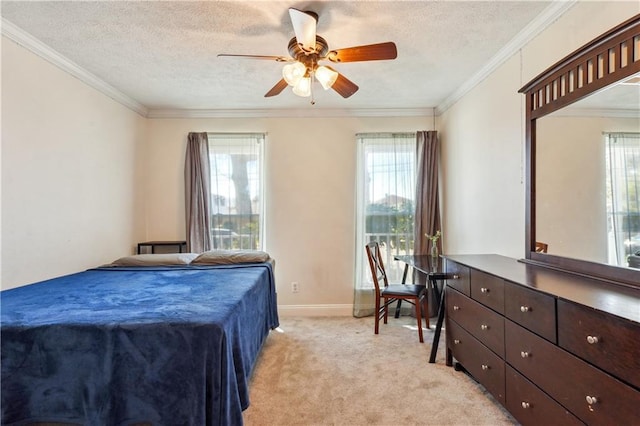 bedroom with crown molding, baseboards, light carpet, a textured ceiling, and a ceiling fan