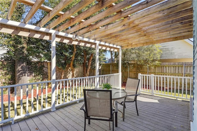 deck featuring outdoor dining space, fence, and a pergola