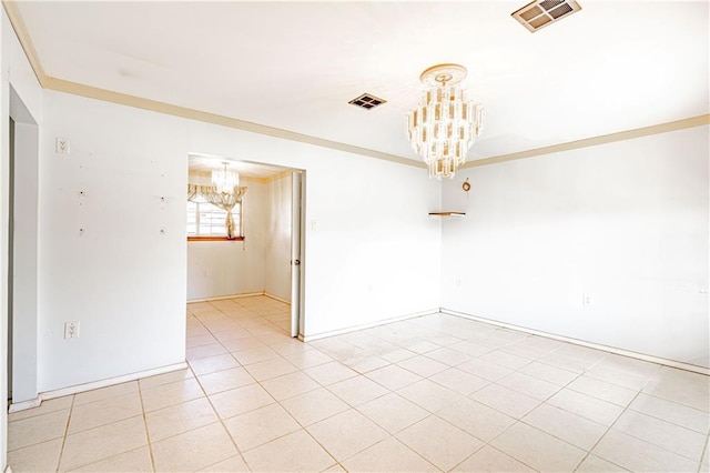 empty room with crown molding, a notable chandelier, visible vents, and light tile patterned floors