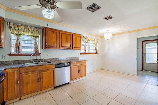 kitchen featuring dishwasher, brown cabinets, visible vents, and a sink