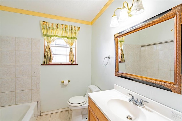 bathroom featuring tile patterned flooring, vanity, crown molding, and toilet