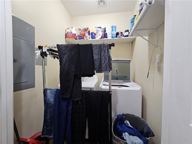 laundry area with electric panel, laundry area, visible vents, and separate washer and dryer