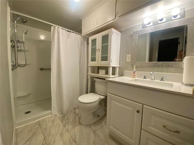 bathroom with a shower with shower curtain, vanity, marble finish floor, and toilet