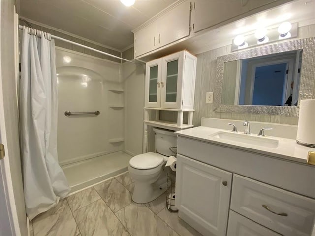 full bath with a shower with curtain, marble finish floor, vanity, and toilet