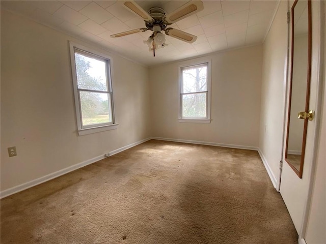 carpeted empty room with crown molding, ceiling fan, and baseboards