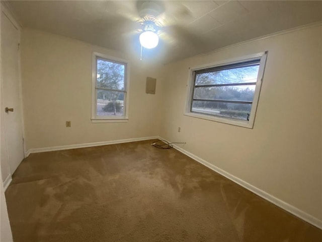 spare room featuring baseboards, a ceiling fan, carpet flooring, and a healthy amount of sunlight