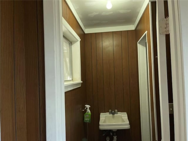 bathroom with a sink and wooden walls