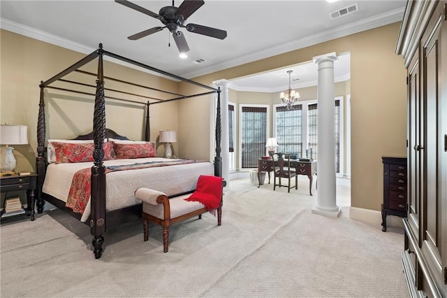 bedroom with visible vents, crown molding, carpet flooring, baseboards, and ornate columns