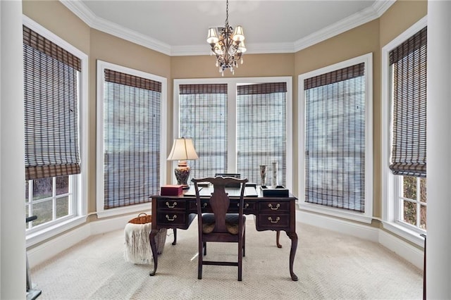 home office featuring an inviting chandelier, crown molding, carpet, and baseboards