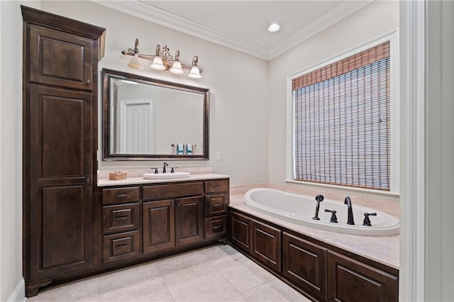 bathroom with tile patterned floors, a garden tub, ornamental molding, and vanity