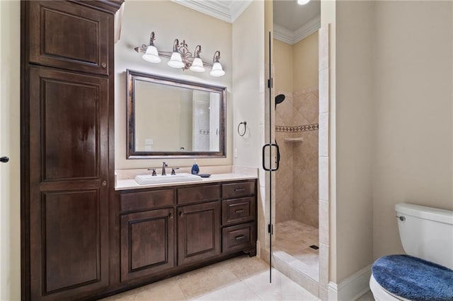 full bathroom with tile patterned floors, toilet, a stall shower, ornamental molding, and vanity