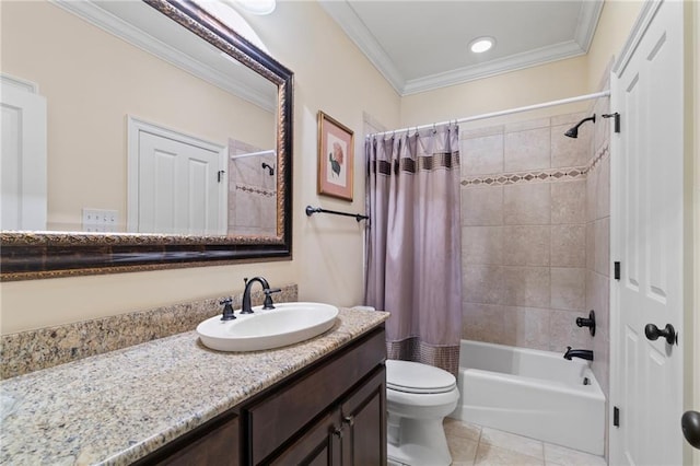 bathroom featuring shower / tub combo with curtain, toilet, ornamental molding, tile patterned flooring, and vanity