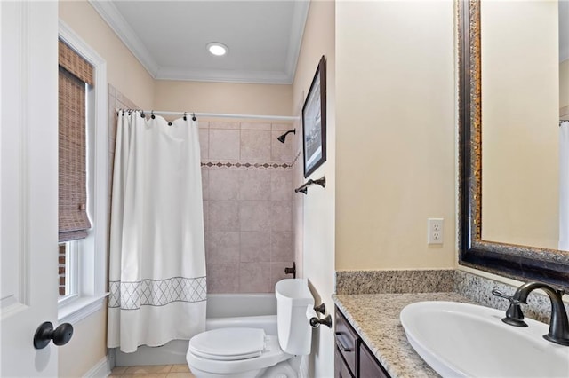 full bath with vanity, shower / bath combo, crown molding, toilet, and tile patterned floors