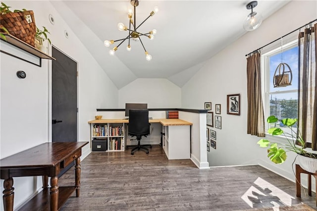 home office featuring an inviting chandelier, baseboards, lofted ceiling, and wood finished floors