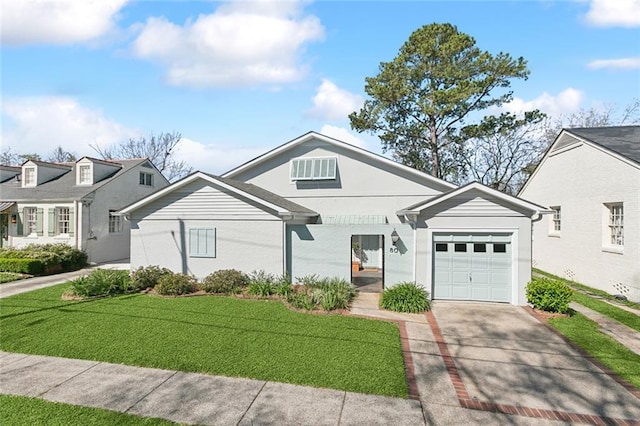 view of front facade with concrete driveway, an attached garage, brick siding, and a front lawn