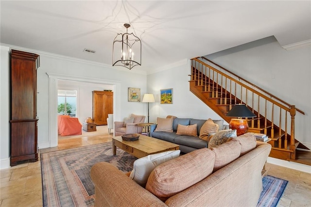 living room with visible vents, an inviting chandelier, stone tile flooring, stairs, and crown molding