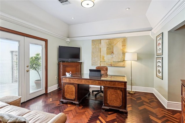 office with visible vents, baseboards, ornamental molding, and french doors