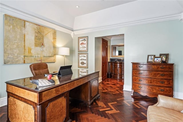 office with recessed lighting, baseboards, and ornamental molding