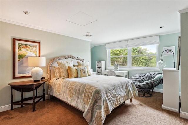 bedroom featuring crown molding, carpet, and baseboards