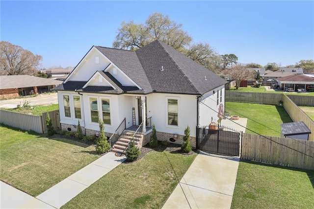 bungalow featuring a front lawn, a gate, fence private yard, and a shingled roof